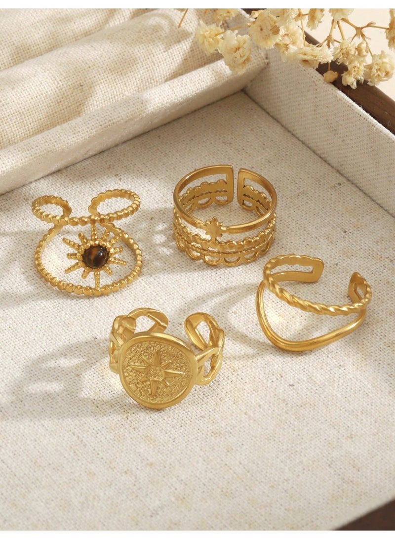 ڤيا مجموعة 4 خواتم نسائية مطلية بالذهب عيار 18 – تصميم النجمة والشمس - Image 4